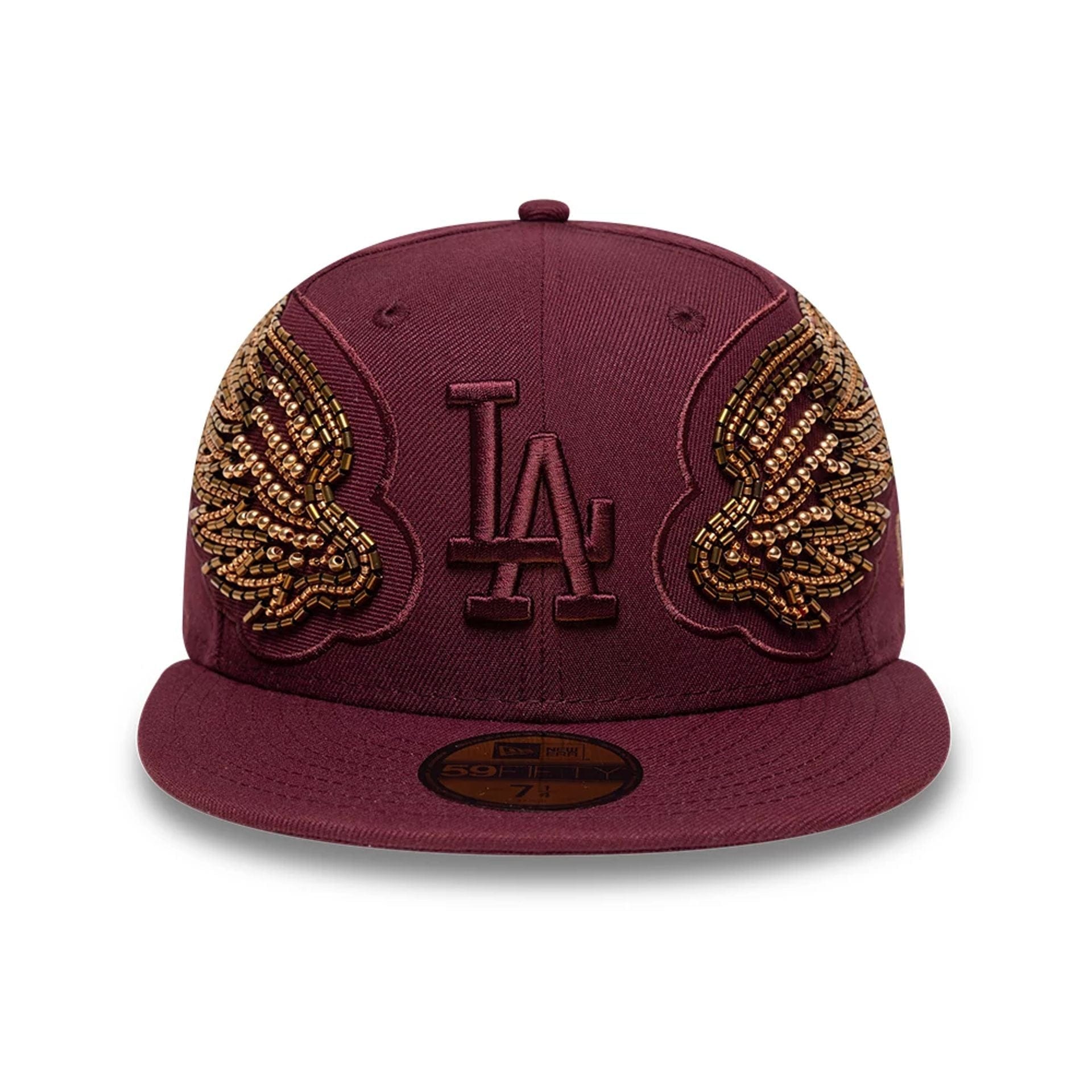 Pictured is this MLB Beaded Wings LA Dodgers 59FIFTY Fitted cap in dark red. 2