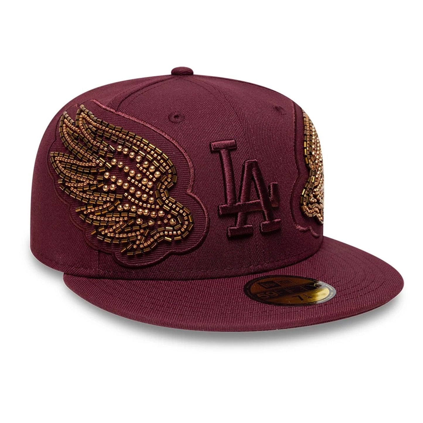 Pictured is this MLB Beaded Wings LA Dodgers 59FIFTY Fitted cap in dark red. 3