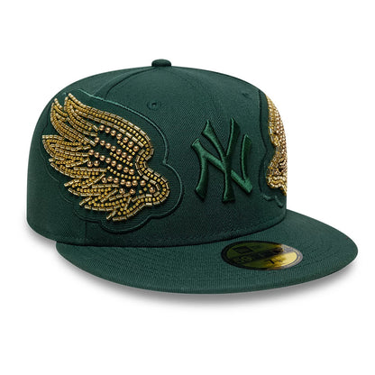 New York Yankees MLB Beaded Wings Dark Green New Era 59FIFTY Fitted Cap, three-quarter view showing dark green raised embroidered NY logo, gold beaded wing details on the front side panels, flat dark green visor, and gold 59FIFTY size sticker.
