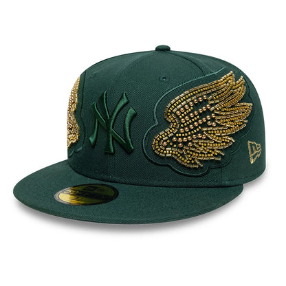 New York Yankees MLB Beaded Wings Dark Green New Era 59FIFTY Fitted Cap, front view showing raised dark green Yankees logo with intricate gold bead wings on the front panels, featuring a gold 59FIFTY size sticker on the flat visor.