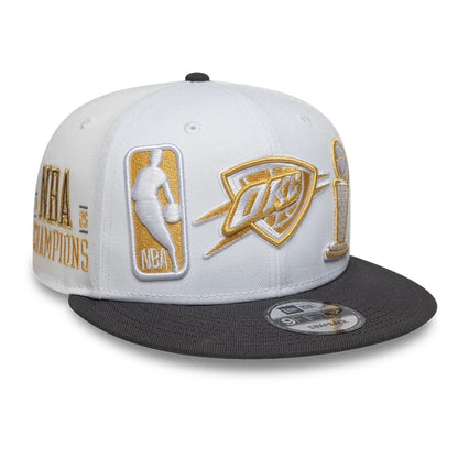 Pictured is this Oklahoma City Thunder NBA Ring Ceremony White 9FIFTY Snapback Adjustable cap. 1
