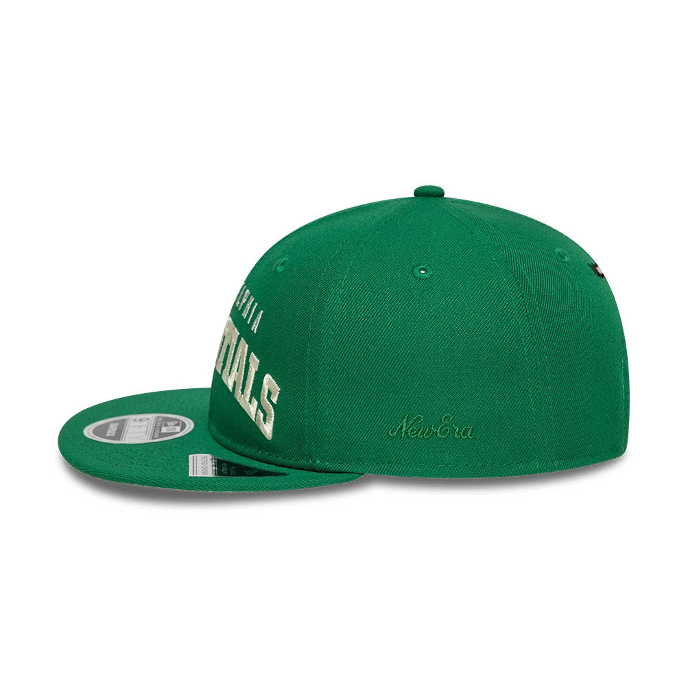 Philadelphia Eagles Fear Of God x NFL Green Retro Crown New Era 9FIFTY Adjustable Cap, side view showing the white embroidered script on the front panel, a flat green visor with a 9FIFTY size sticker, and New Era script embroidered on the side.