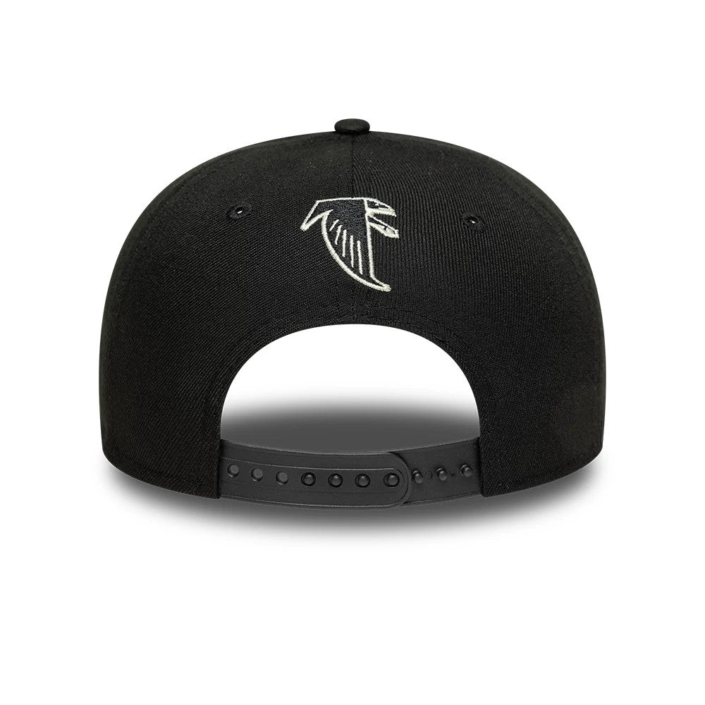Atlanta Falcons Fear Of God x NFL Black Retro Crown New Era 9FIFTY Adjustable Cap, rear view showing an embroidered white Falcons logo on the black structured crown with an adjustable black snapback closure.