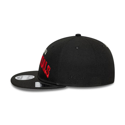 Atlanta Falcons Fear Of God x NFL Black Retro Crown New Era 9FIFTY Adjustable Cap, side view showing black embroidered New Era lettering on the mid panel, with the raised red Falcons logo spanning across the front and side panels.