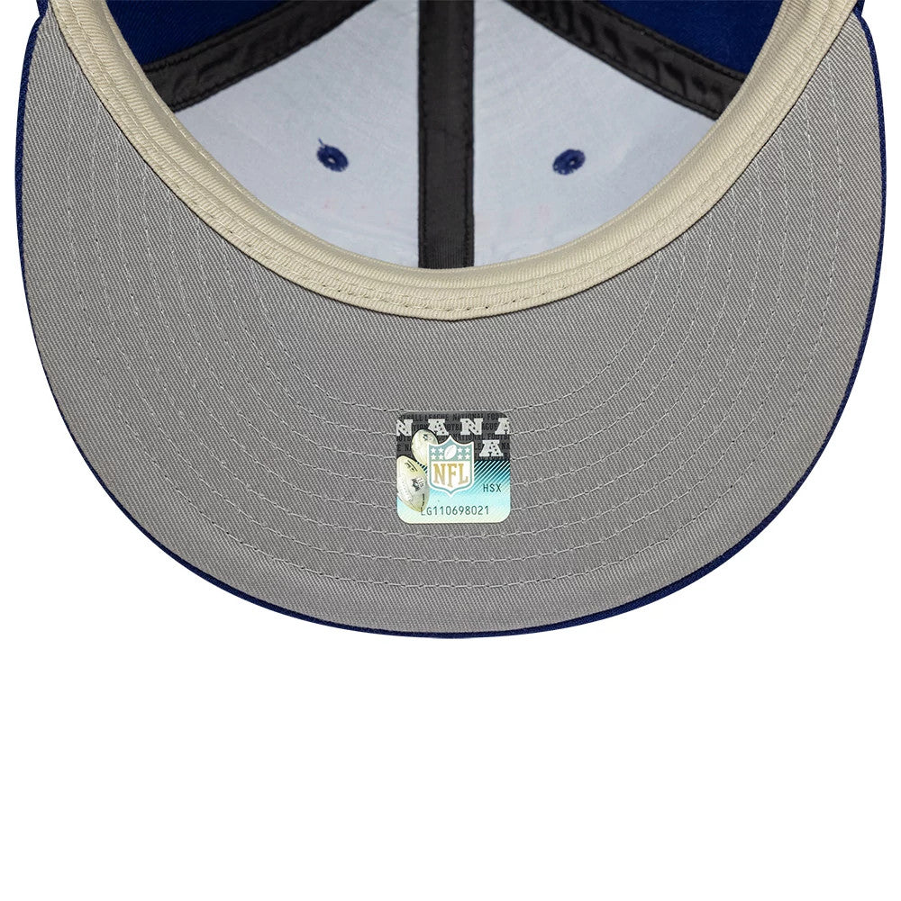 New York Giants Fear Of God x NFL Dark Blue Retro Crown New Era 9FIFTY Adjustable Cap, inside view showing grey undervisor with an NFL authenticity sticker, black sweatband, and dark taping along the seams.