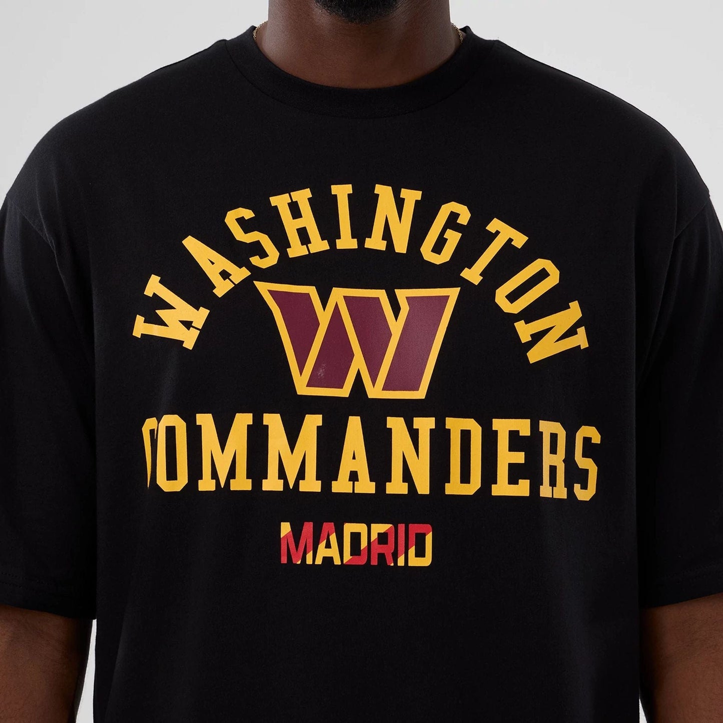 The Male model is wearing Washington Commanders NFL International Series Games 2025 Black Oversized T-Shirt  3
