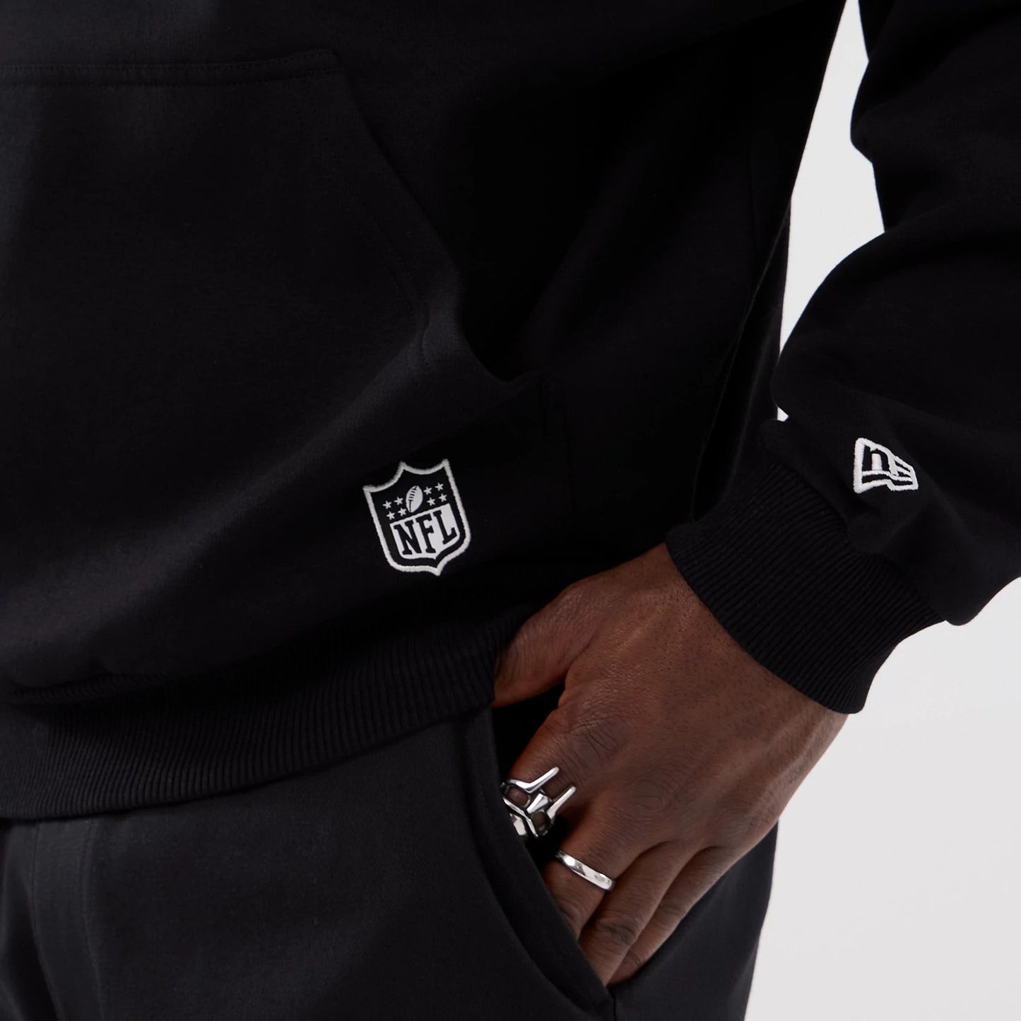 The Male model is wearing Atlanta Falcons NFL International Series Games 2025 Black Premium Pullover Hoodie 5