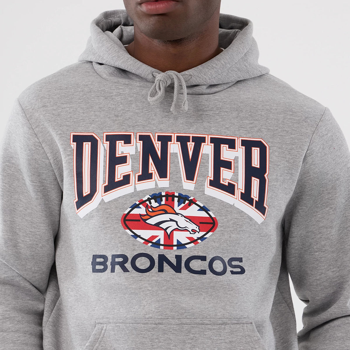 The Male model is wearing Denver Broncos NFL International Series Games 2025 Grey Pullover Hoodie 3