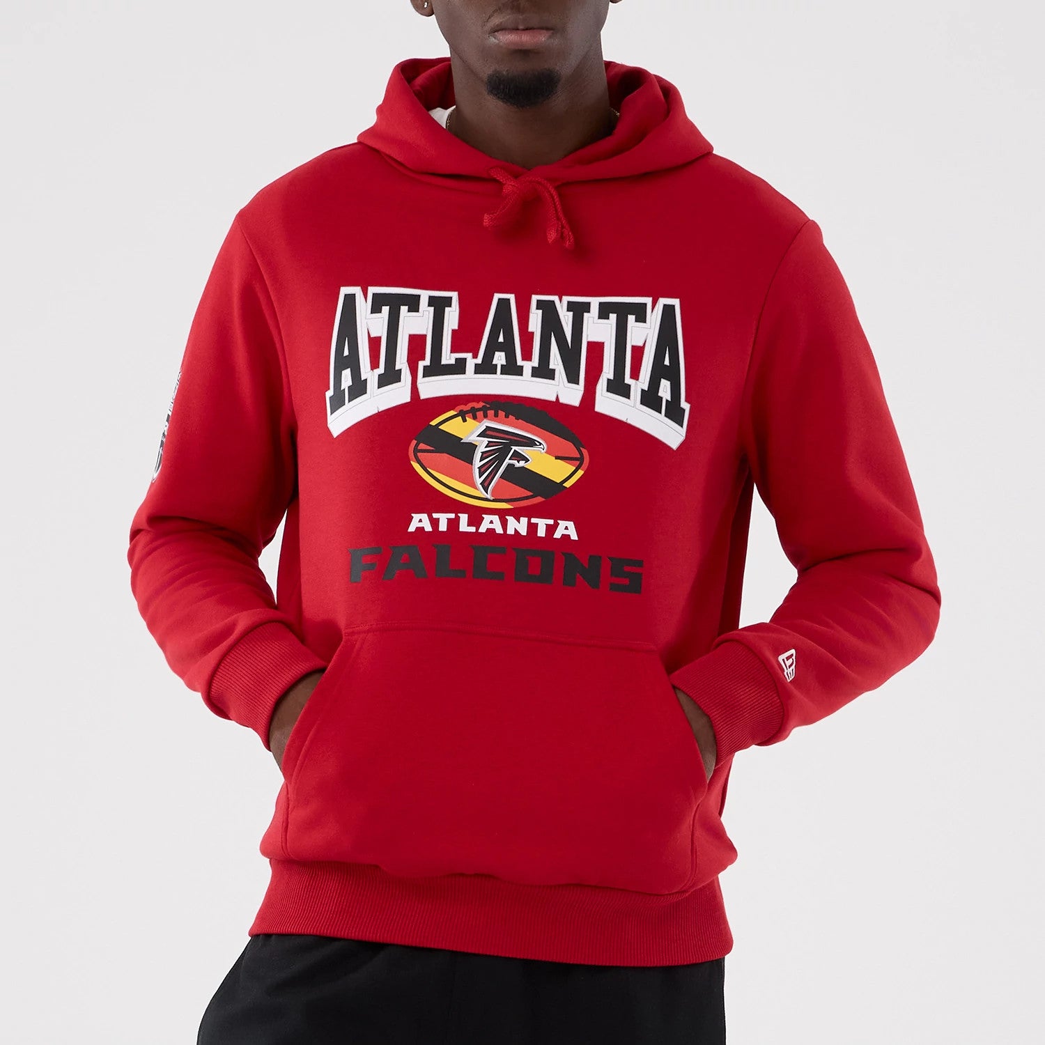 The Male model is wearing Atlanta Falcons NFL International Series Games 2025 Red Pullover Hoodie 3