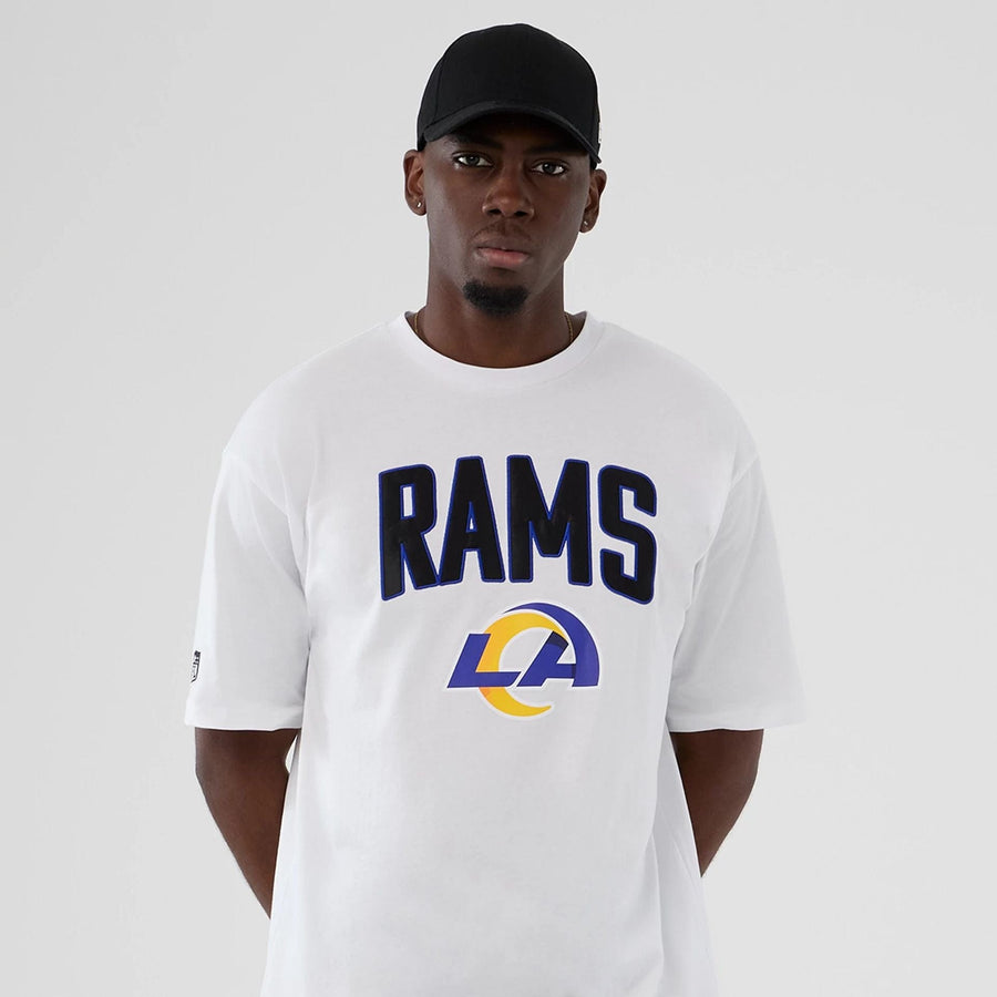 The Male model is wearing LA Rams NFL International Series Games 2025 White Premium T-Shirt  7