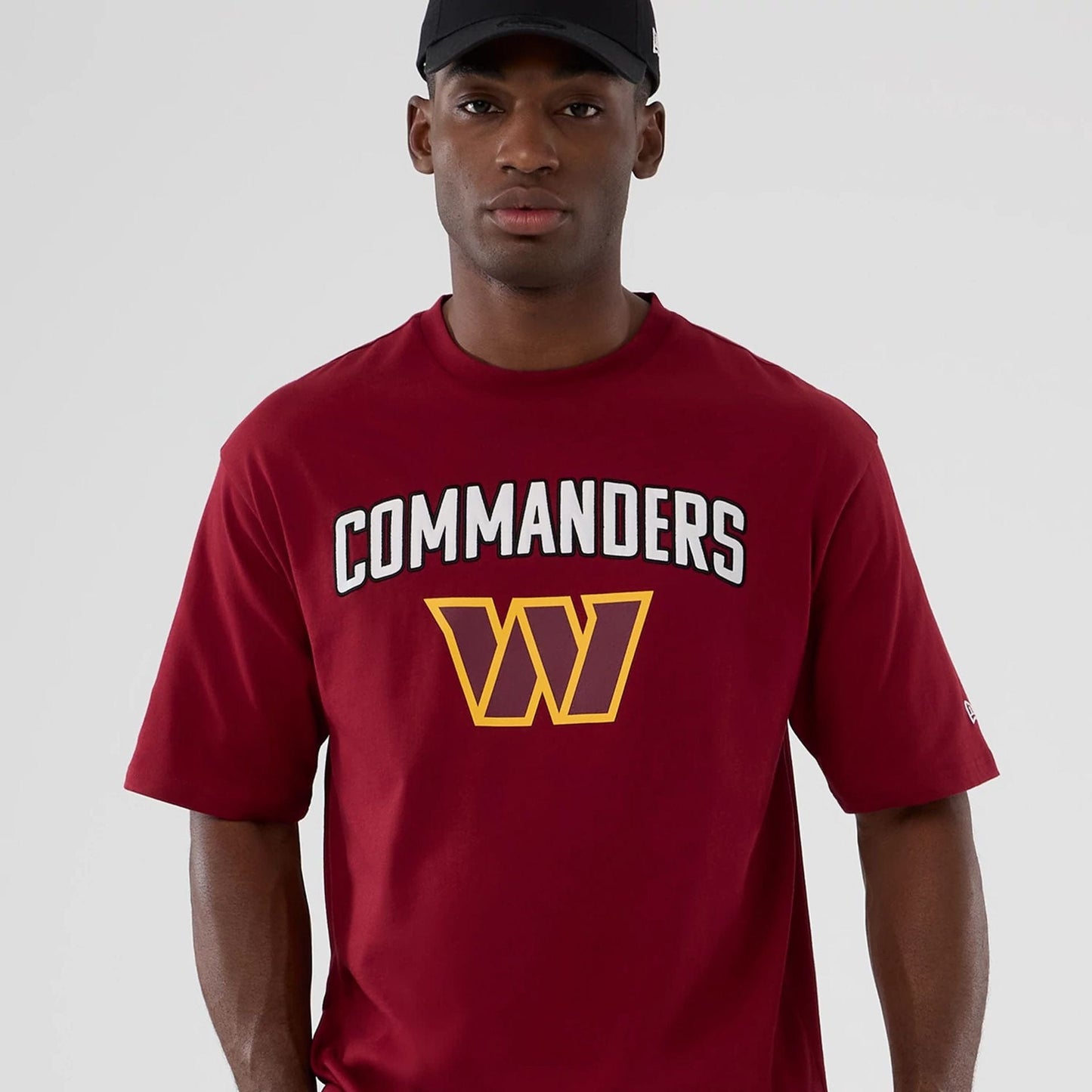 The Male model is wearing Washington Commanders NFL International Series Games 2025 Dark Red Premium T-Shirt  5