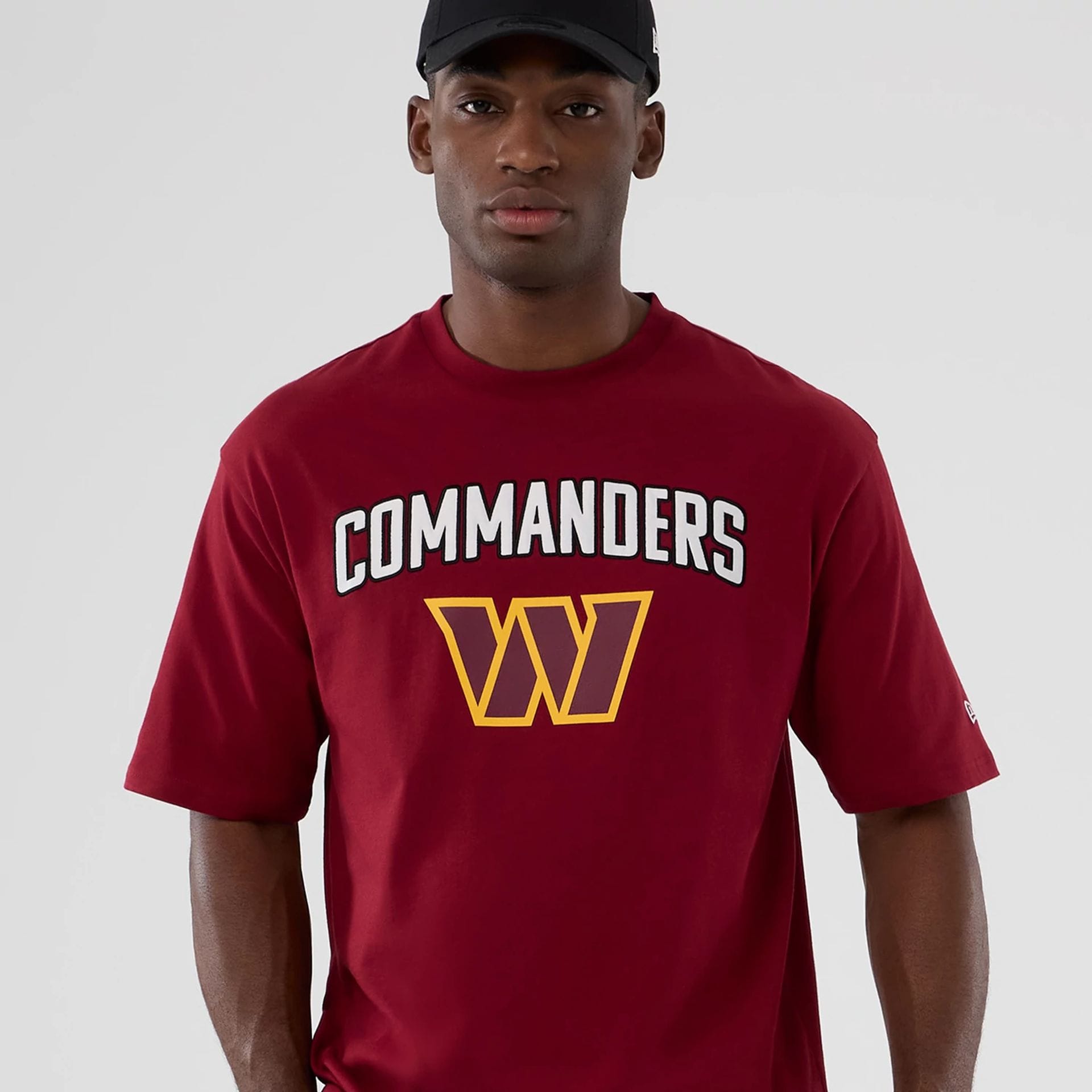The Male model is wearing Washington Commanders NFL International Series Games 2025 Dark Red Premium T-Shirt 5