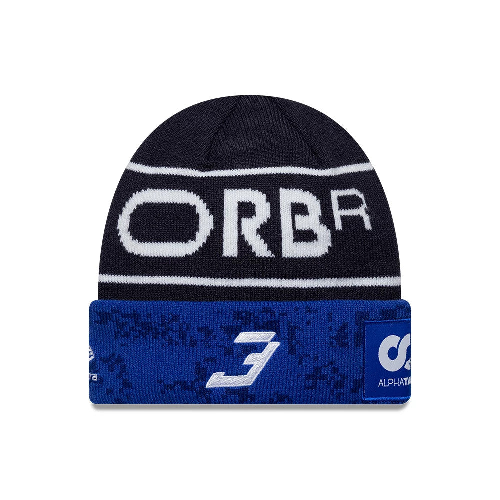 New Era Red Bull Racing Youth Replica Max Verstappen Dark Blue Cuff Knit Beanie Hat, front view showing the white ORBR lettering on the dark blue crown and the number 3 and AlphaTauri logo on the blue patterned cuff.