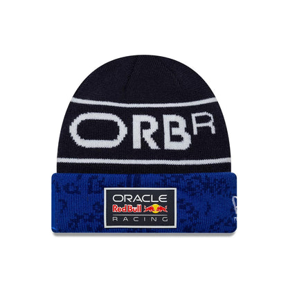 New Era Red Bull Racing Youth Replica Max Verstappen Dark Blue Cuff Knit Beanie Hat, front view showing the large Oracle Red Bull Racing logo patch centred on the blue cuff, with white 'ORBR' lettering across the dark blue upper knit.