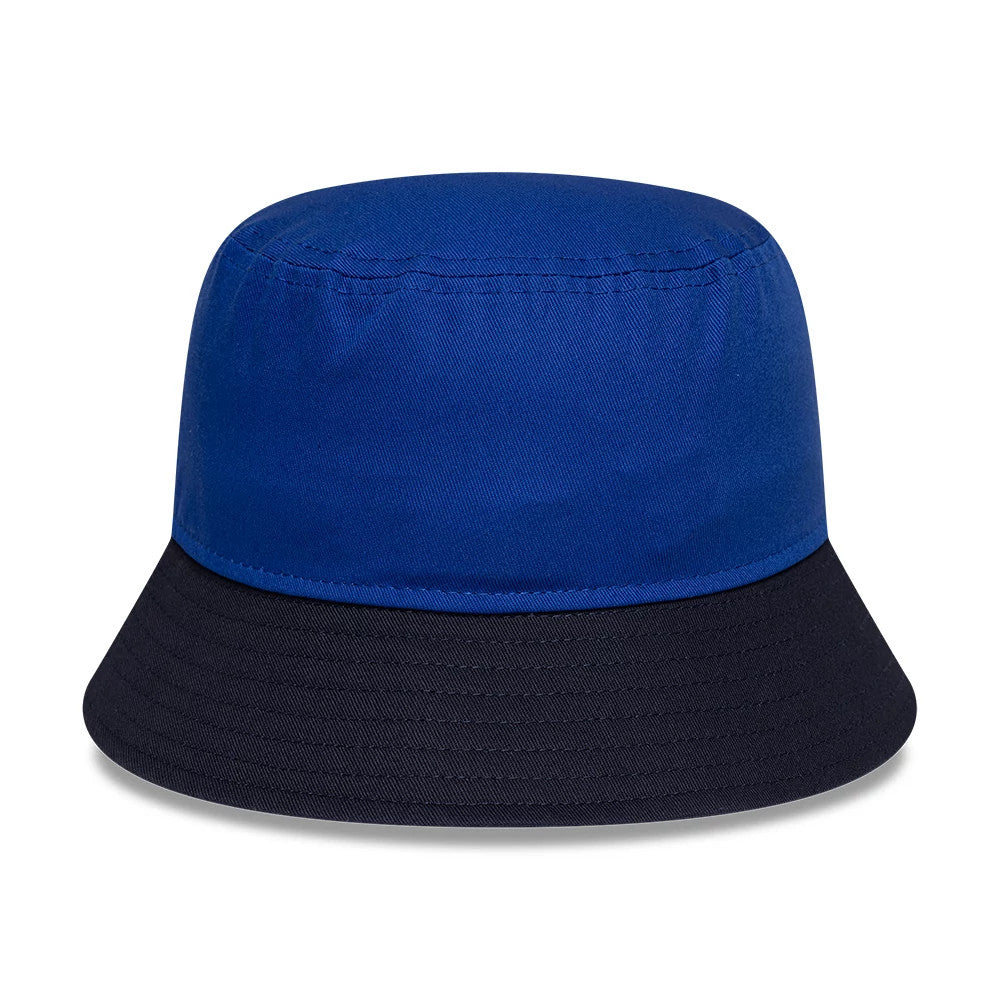 New Era Red Bull Racing Youth Essential Dark Blue Bucket Hat, front view showing a seamless transition from a bright blue crown to a dark navy visor, with stitching around the crown's edge.