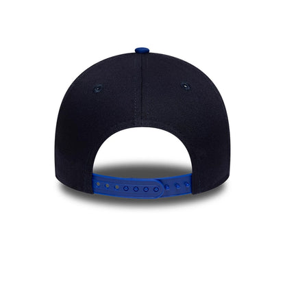 Red Bull Racing Youth Essential Dark Blue New Era 9FORTY Adjustable Cap, rear view showing a curved dark blue crown with eyelets, a matching top button, and a blue adjustable strap at the base for a customised fit.