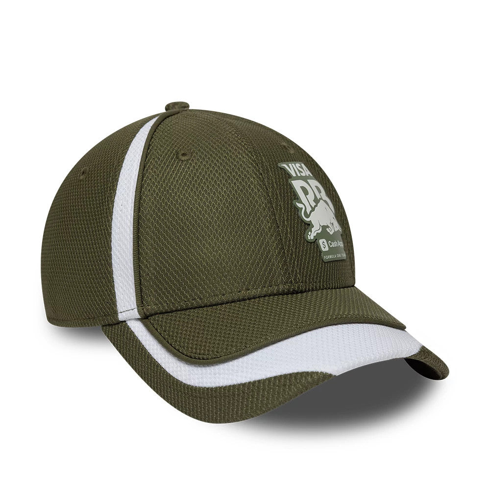 Visa Cash App Racing Bulls F1 Race Special Green New Era 9FORTY Adjustable Cap, three-quarter view showing the white embroidered logo on the front panel, green structured crown, white stripe detail, and curved visor with a contrasting white edge.