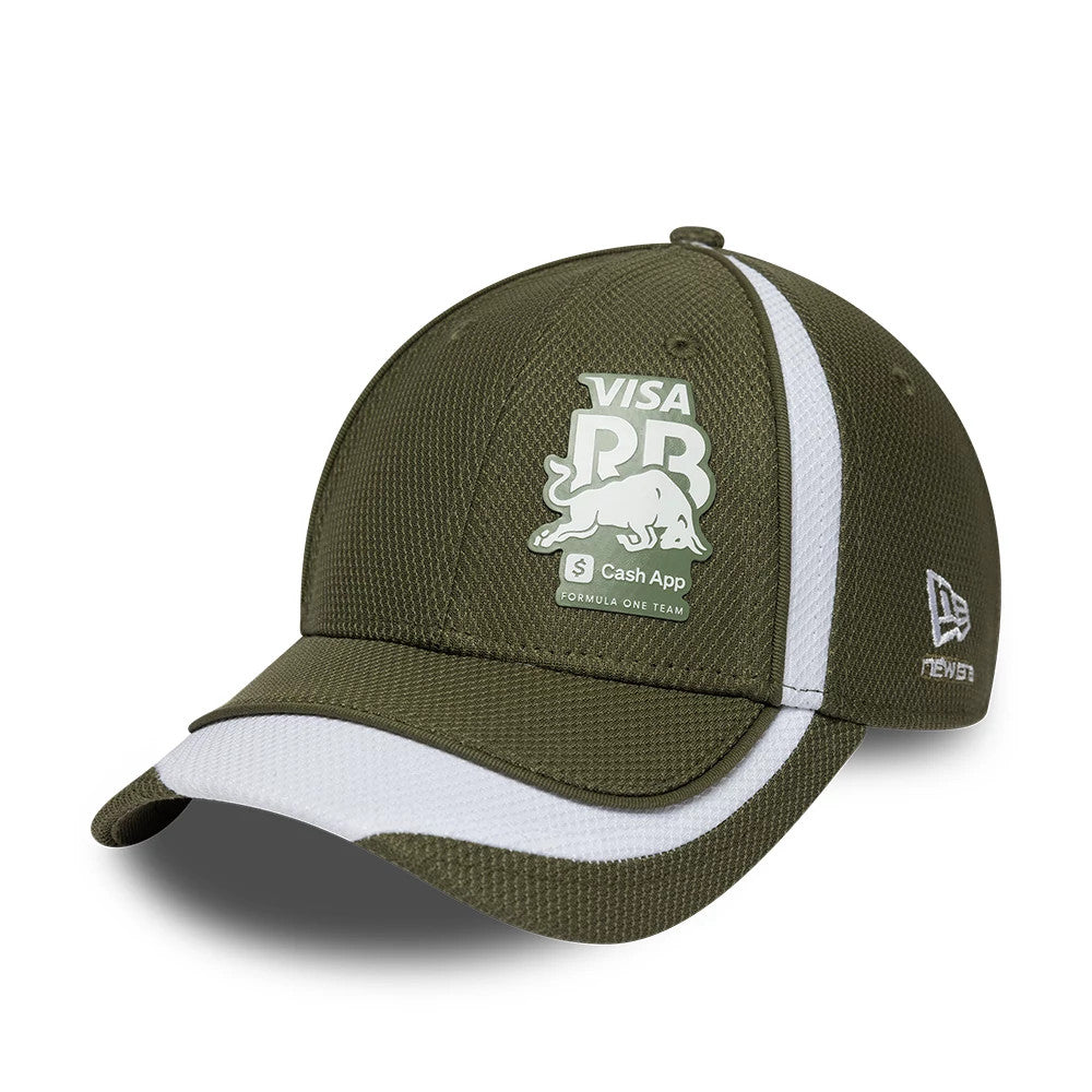 Visa Cash App Racing Bulls F1 Race Special Green New Era 9FORTY Adjustable Cap, three-quarter view showing the white and green Visa RB logo on the front panel, white stripe detail, curved visor and embroidered New Era flag logo on the left side.