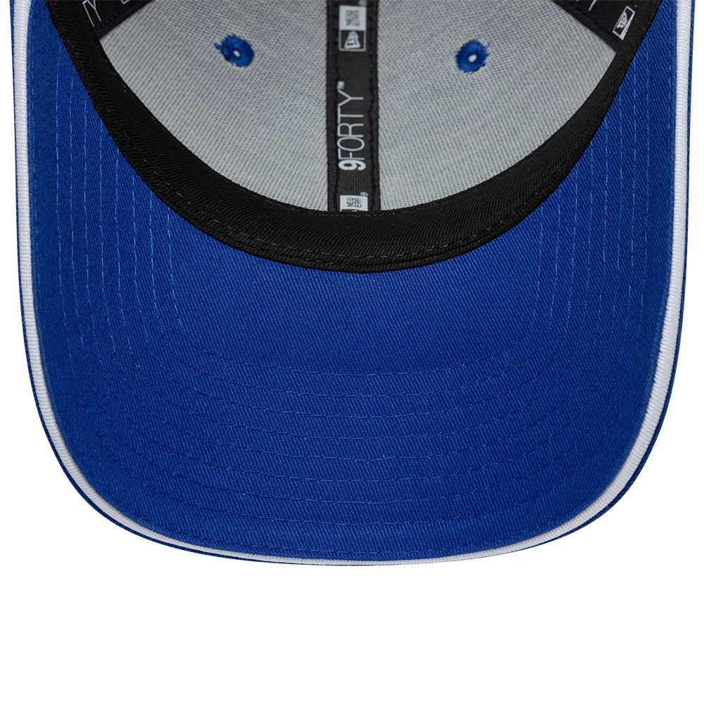 Red Bull Racing Dark Blue New Era 9FORTY Adjustable Cap, inside view showing the grey sweatband, black taping with white branding, and four embroidered blue eyelets on the structured crown.