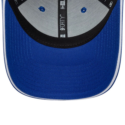 Red Bull Racing Dark Blue New Era 9FORTY Adjustable Cap, inside view showing the grey sweatband, black taping with white branding, and four embroidered blue eyelets on the structured crown.