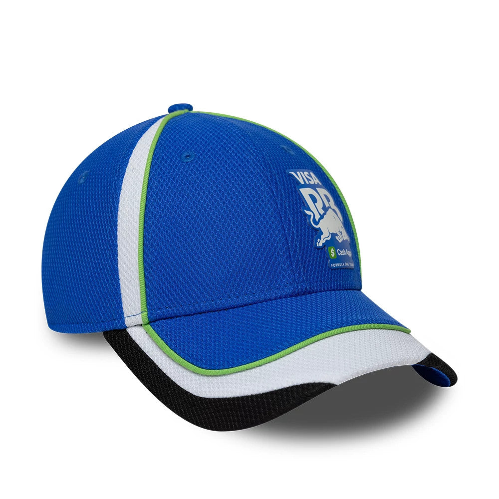 Visa Cash App Racing Bulls Team Bright Blue New Era 9FORTY Adjustable Cap, three-quarter view showing the embroidered white Visa PR Bulls logo on the front panel, with a curved white and black visor trimmed with green piping.