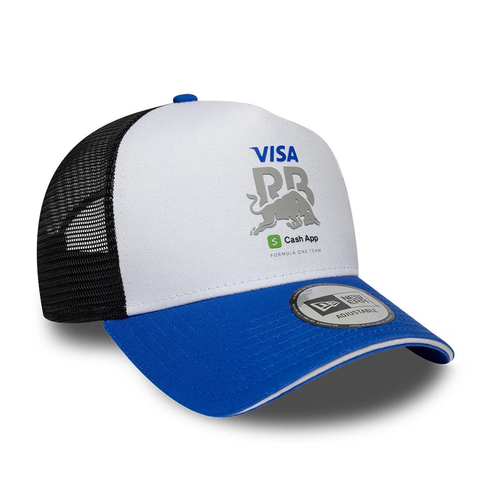 Visa Cash App Racing Bulls White New Era 9FORTY A-Frame Trucker Adjustable Cap, three-quarter view showing a grey Red Bull logo and blue Visa lettering on the white front panel, with a blue curved visor and a New Era 9FORTY size sticker.