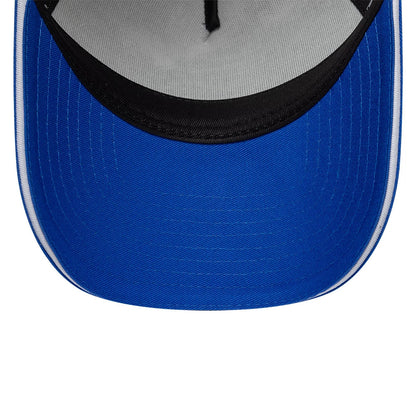Visa Cash App Racing Bulls White New Era 9FORTY A-Frame Trucker Adjustable Cap, inside view showing the grey undervisor with blue stitching, black sweatband, and light grey inner panels with black taping.