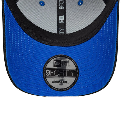 Visa Cash App Racing Bulls Teamline 2026 Blue New Era 9FORTY Adjustable Cap, inside view showing light grey internal panels, black taping with repeating branding, blue eyelets, and a large black and silver 9FORTY size sticker on the blue undervisor.