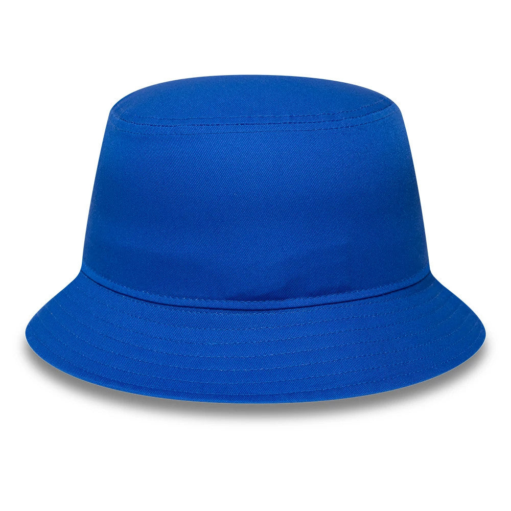 New Era Visa Cash App Racing Bulls Essential Bright Blue Bucket Hat, front view showing the solid bright blue colour with a soft visor and seamless crown design, highlighting the clean stitching and finish.
