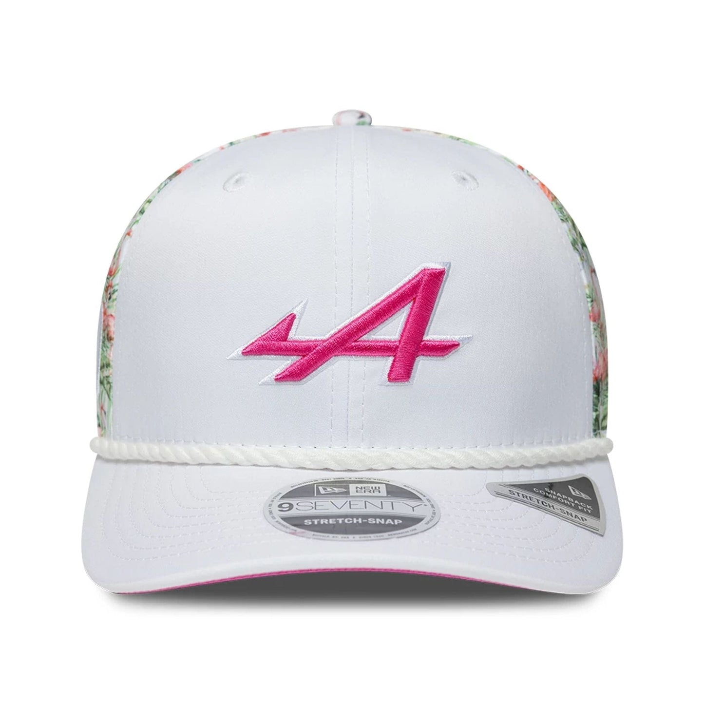 Pictured is this Alpine Racing Miami Race Special 9SEVENTY Stretch Snap Adjustable cap in white. 3