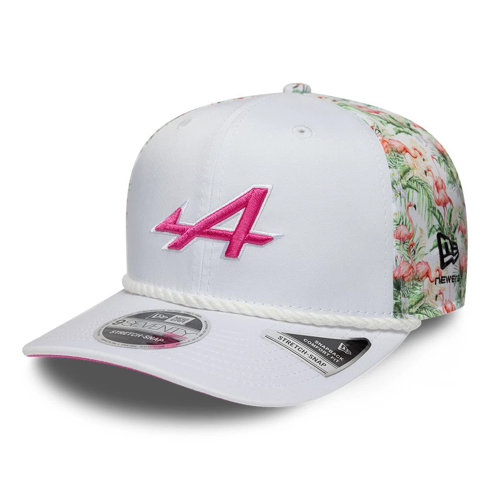 Pictured is this Alpine Racing Miami Race Special 9SEVENTY Stretch Snap Adjustable cap in white. 4