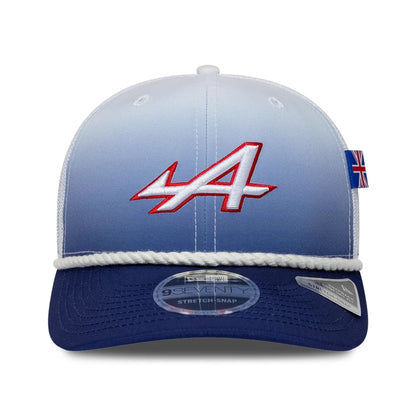 Pictured is this Alpine Racing Silverstone Race Special 9SEVENTY Stretch Snap Adjustable cap in white. 3