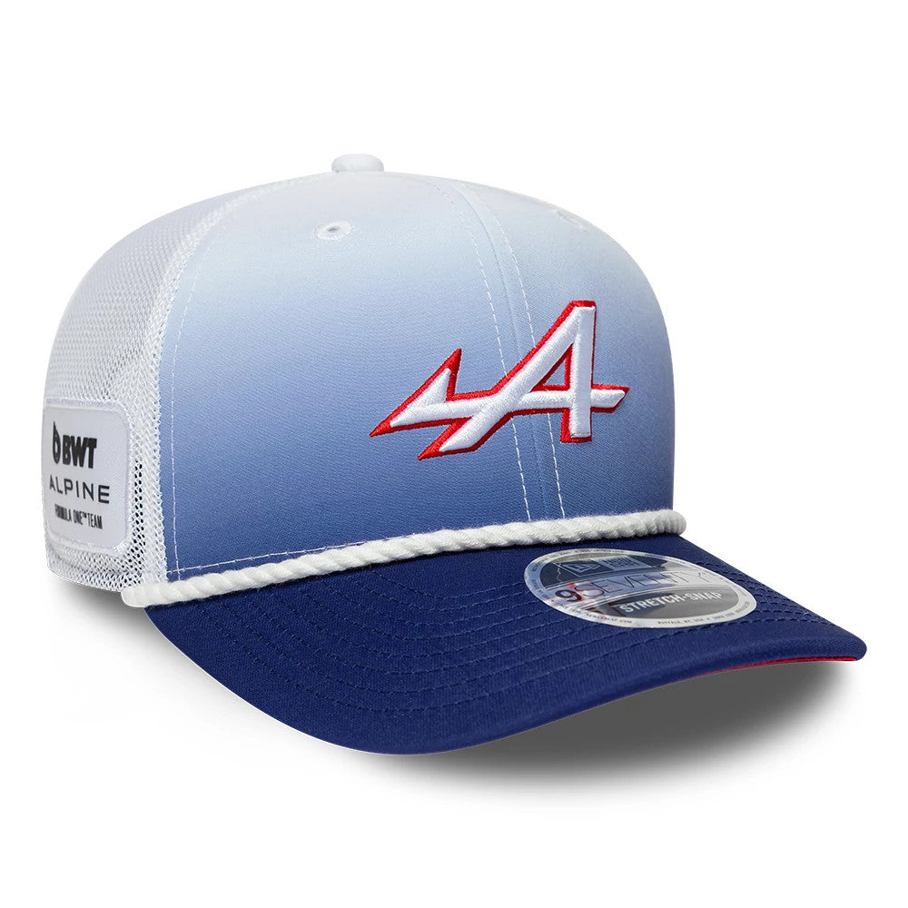 Pictured is this Alpine Racing Silverstone Race Special 9SEVENTY Stretch Snap Adjustable cap in white. 4