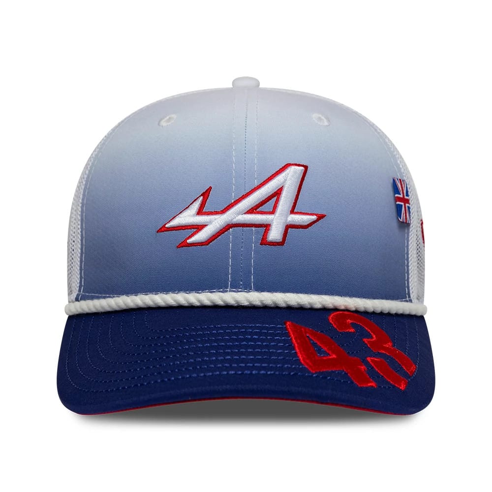Pictured is this Franco Colapinto Silverstone Race Special Alpine Racing 9SEVENTY Stretch Snap cap in white. 3