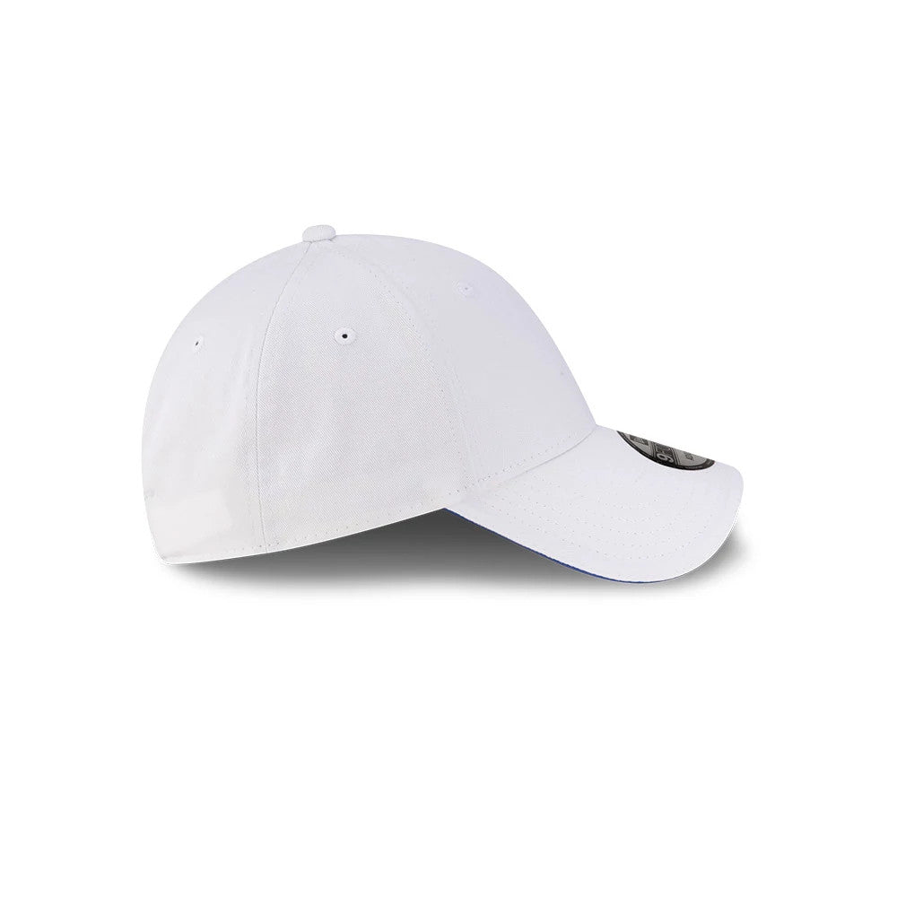Visa Cash App Racing Bulls Essential White New Era 9FORTY Adjustable Cap, side view showing a white crown with embroidered eyelets, a curved white visor, and a black 9FORTY size sticker on the top.