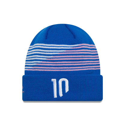 New Era Alpine Racing Pierre Gasly Blue Cuff Knit Beanie Hat, front view showing white embroidered number 10 on the cuff with pink and white horizontal stripes across the upper blue section.