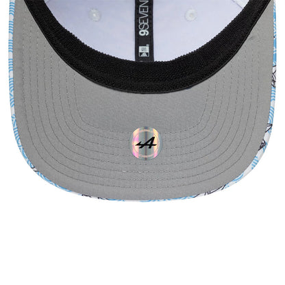 Alpine Racing Japan Race Special White New Era 9SEVENTY Stretch Snap Adjustable Cap, inside view showing a grey undervisor with an A logo sticker, black sweatband and white taping with eyelets.