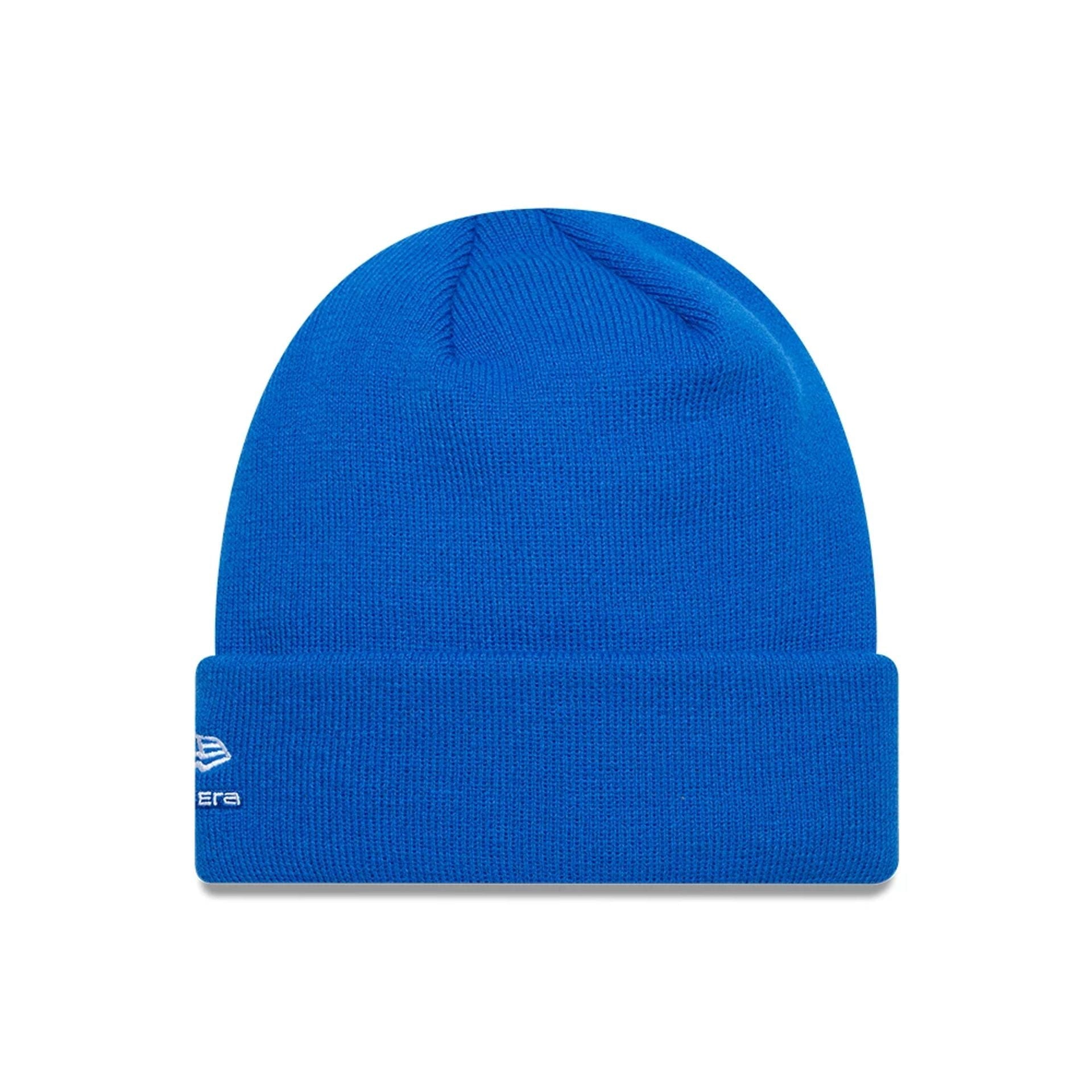 Pictured is this Essential Alpine Racing Cuff Knit Beanie hat in blue. 2