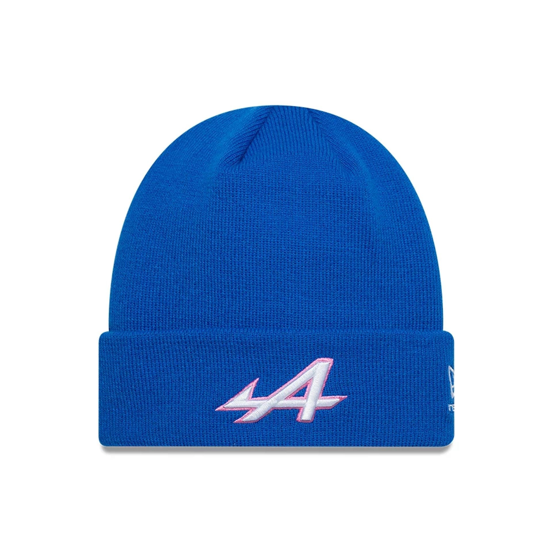 Pictured is this Essential Alpine Racing Cuff Knit Beanie hat in blue. 1
