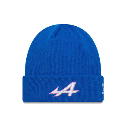 Pictured is this Essential Alpine Racing Cuff Knit Beanie hat in blue. 1