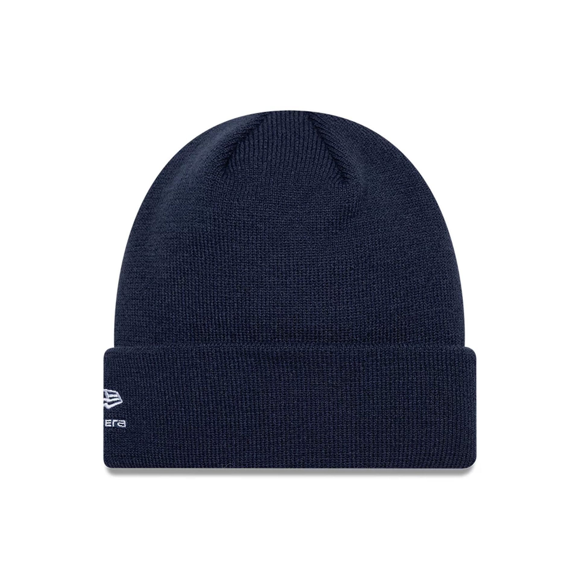Pictured is this Essential Alpine Racing Cuff Knit Beanie hat in dark blue. 2