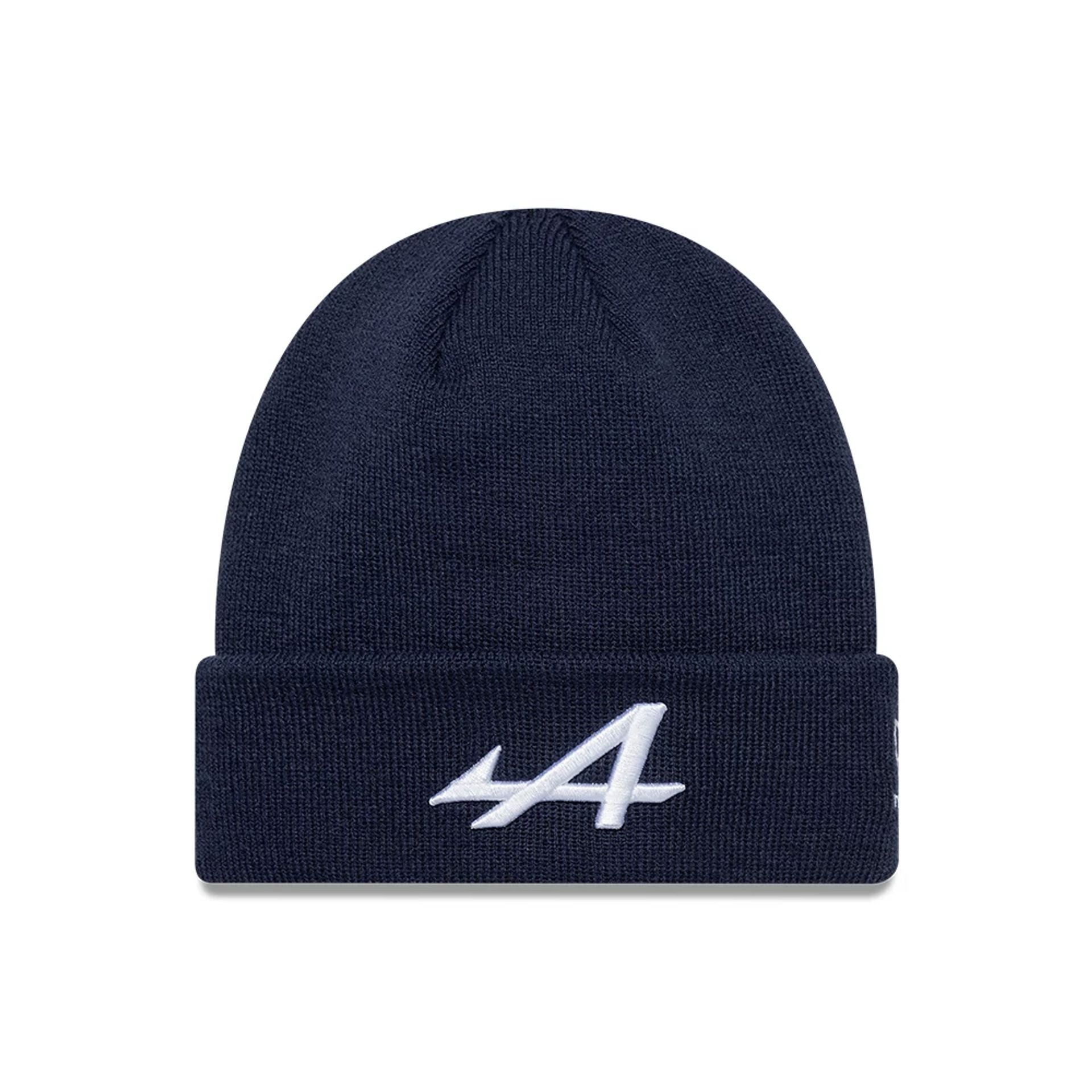 Pictured is this Essential Alpine Racing Cuff Knit Beanie hat in dark blue. 1