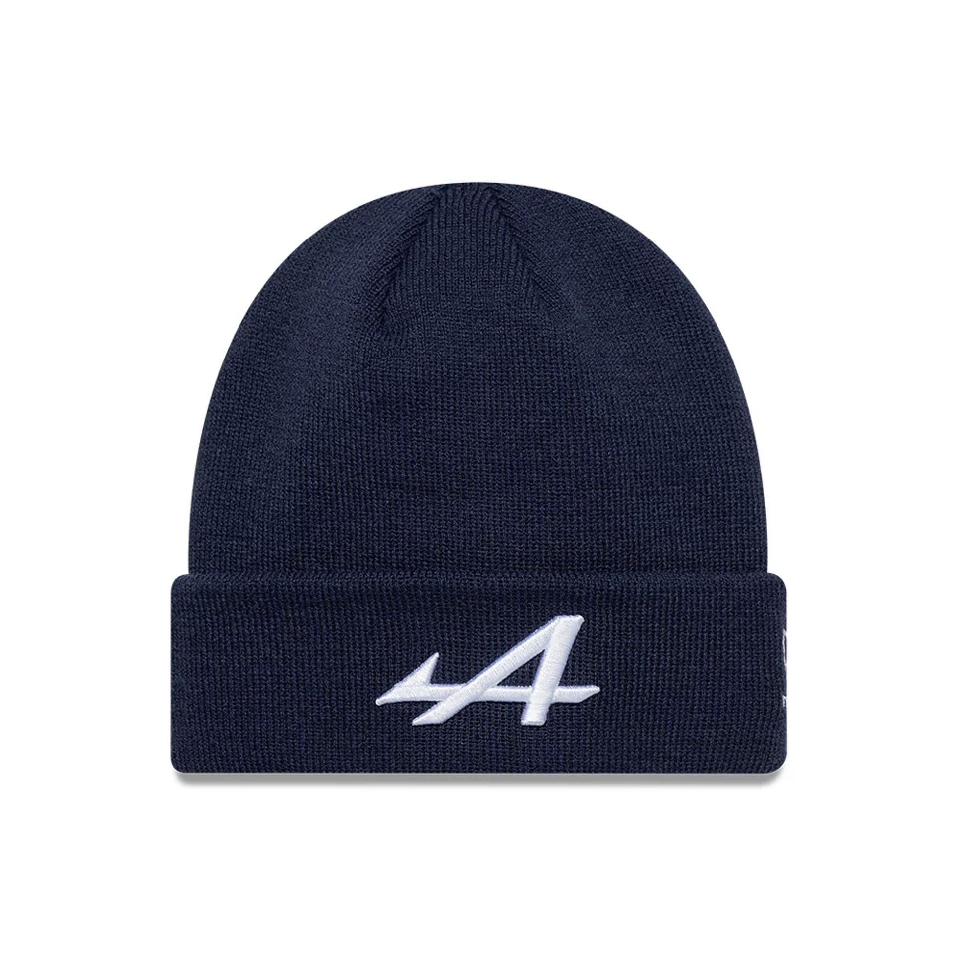 Pictured is this Essential Alpine Racing Cuff Knit Beanie hat in dark blue. 1
