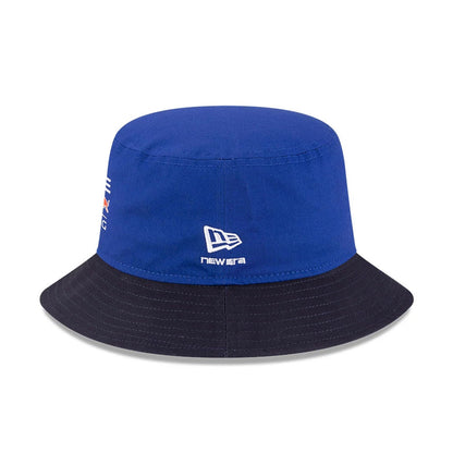 Red Bull Racing Essential Dark Blue New Era Bucket Hat, front view showing the white embroidered New Era flag logo on the dark blue crown and a contrasting black visor with stitching around the edge.