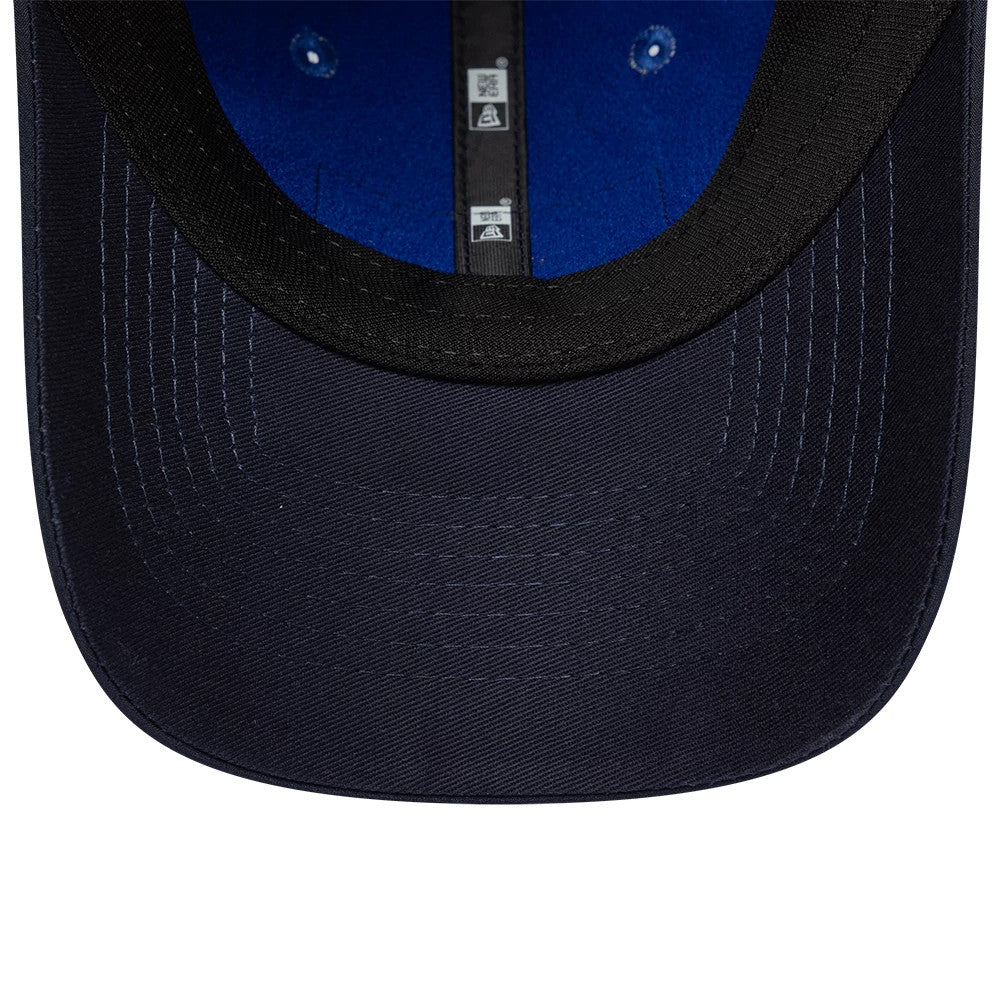 New Era Red Bull Racing Womens Team Dark Blue Open Back Cap, inside view showing the black sweatband, dark blue undervisor with matching stitching, and New Era branded taping on the interior.