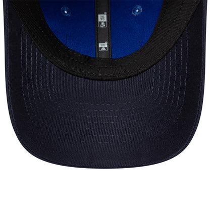 New Era Red Bull Racing Womens Team Dark Blue Open Back Cap, inside view showing the black sweatband, dark blue undervisor with matching stitching, and New Era branded taping on the interior.