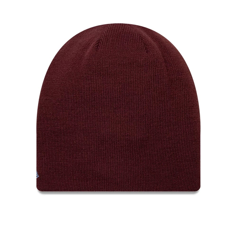 Pictured is this Reverse Aston Villa FC Cuff knit Beanie hat in dark red. 2