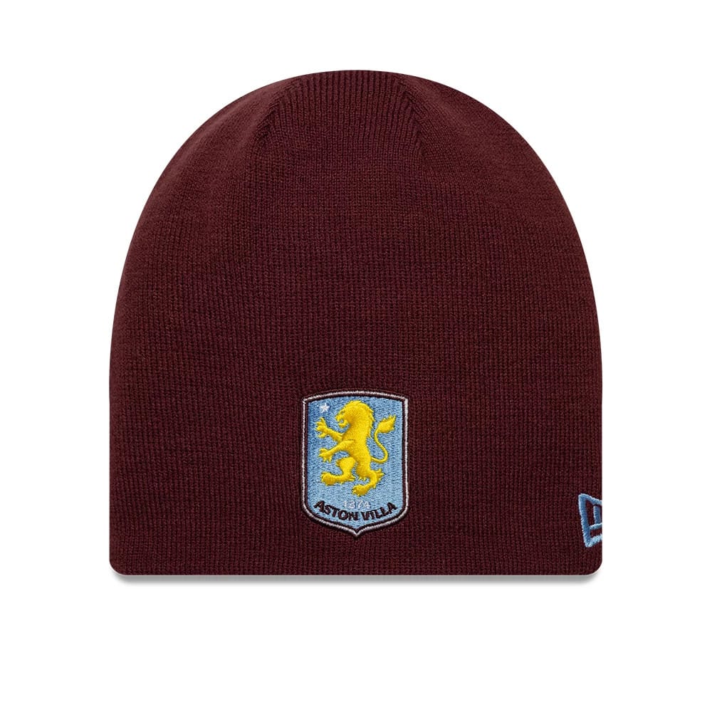 Pictured is this Reverse Aston Villa FC Cuff knit Beanie hat in dark red. 1