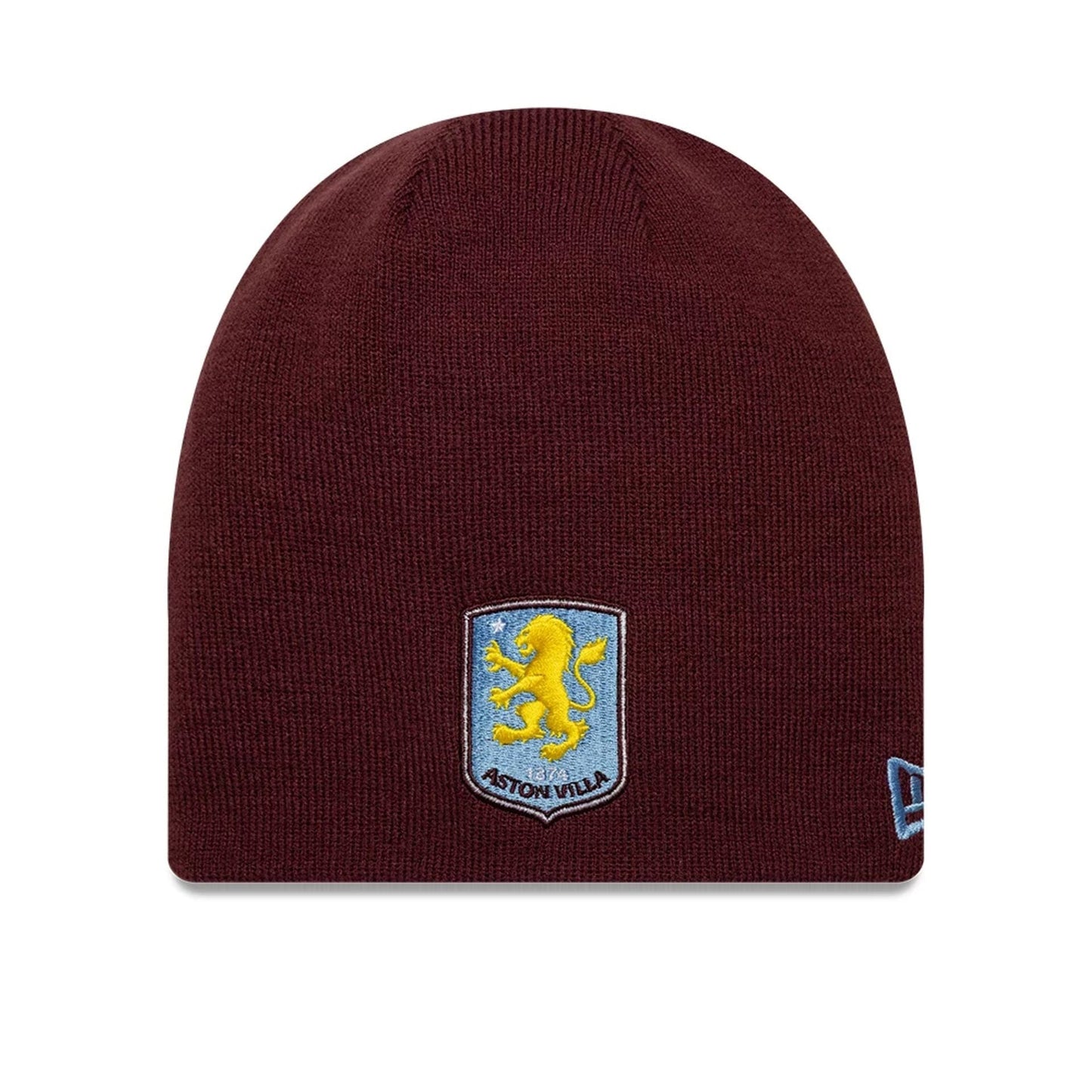 Pictured is this Reverse Aston Villa FC Cuff knit Beanie hat in dark red. 1