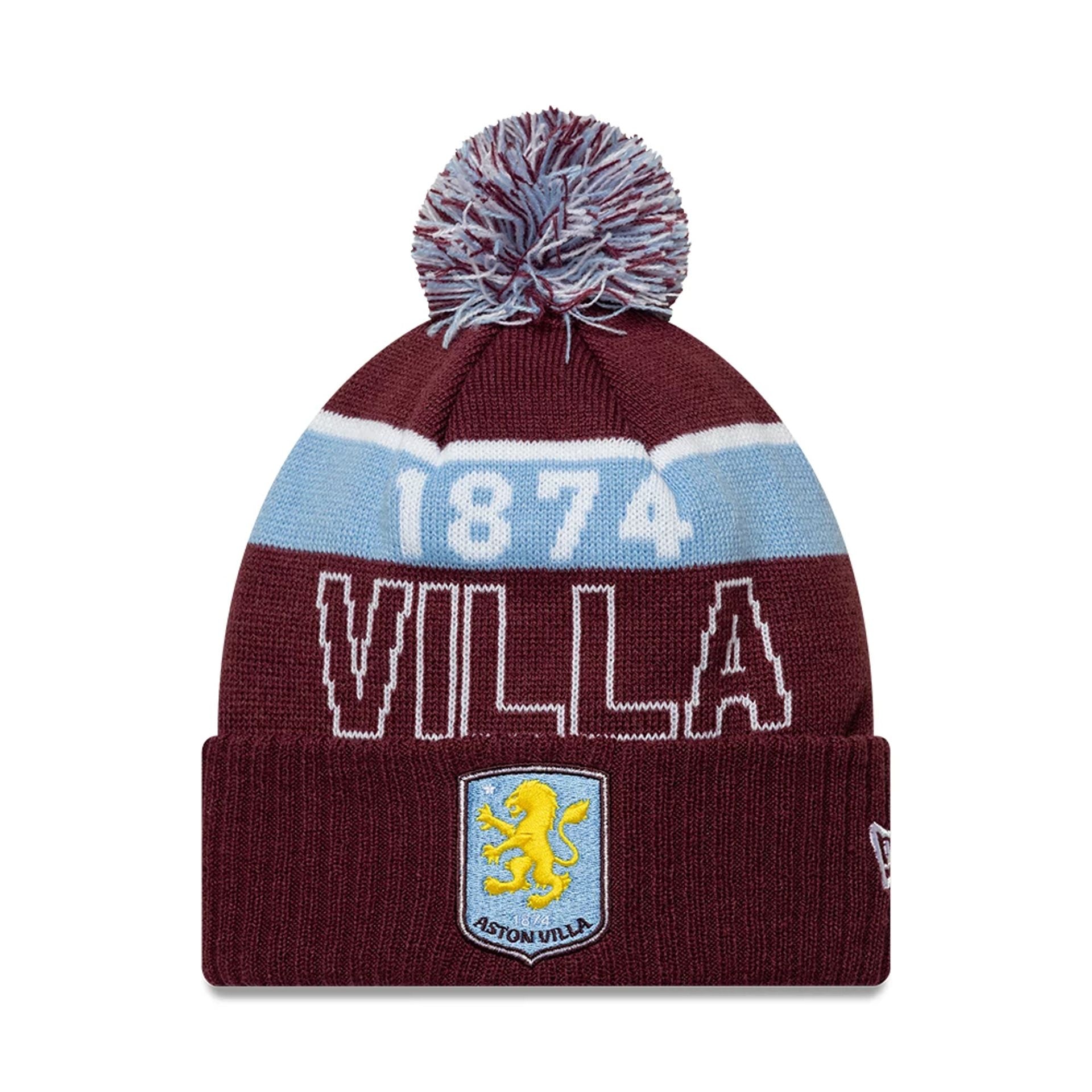 Pictured is this Aston Villa FC Bobble Knit Beanie hat in dark red. 1